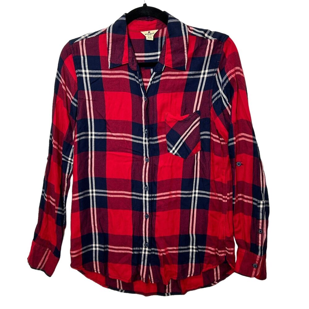 Woolrich Button Up Shirt 100% Rayon Long Sleeve Flannel Plaid Red Blue Women's M